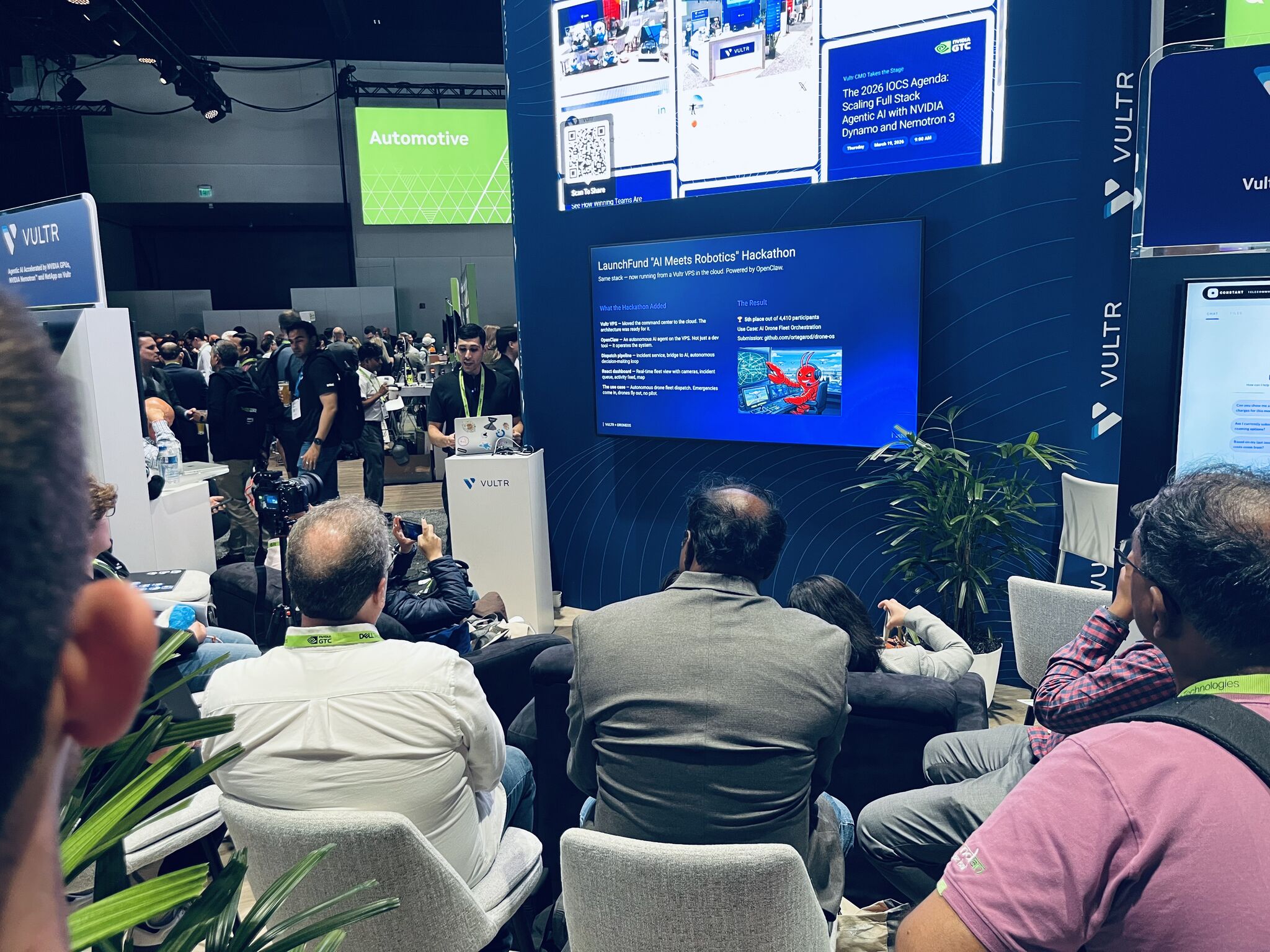 Rodrigo Ortega presenting his autonomous drone platform at the Vultr booth during NVIDIA GTC 2026 at the San Jose Convention Center in San Jose, California.